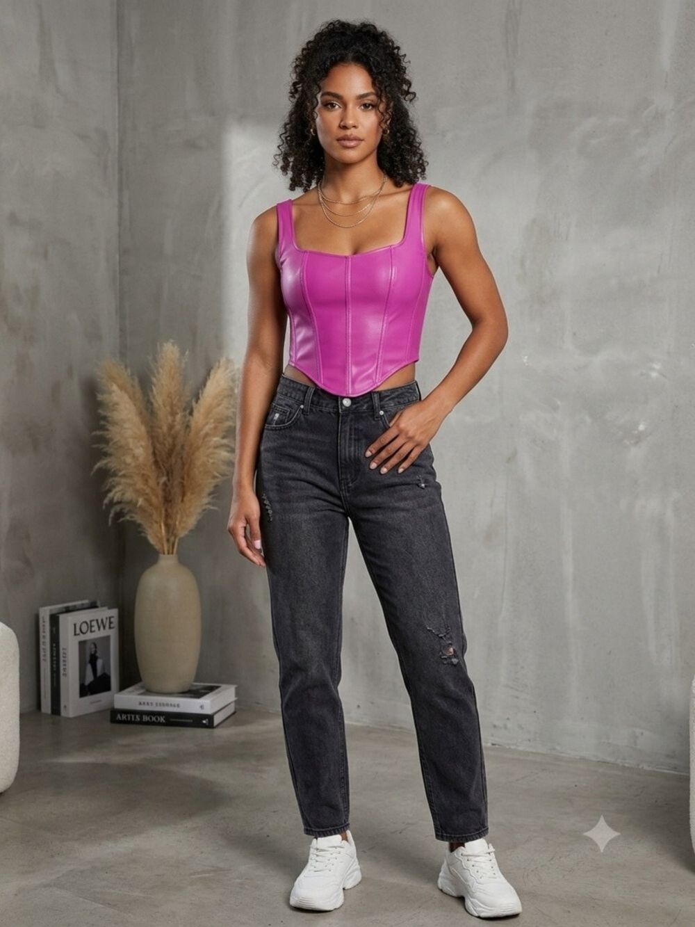NEW WITH TAGS-Sincerely Jules Fuchsia Faux Leather Corset Tank Top Sq Neck‎ LG - Picture 8 of 8